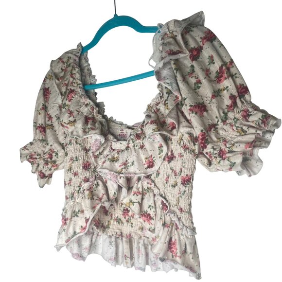 Free People Favorite Top Womens S‎ Pink Floral Smocked Ruffled Peasant Feminine - Picture 6 of 15